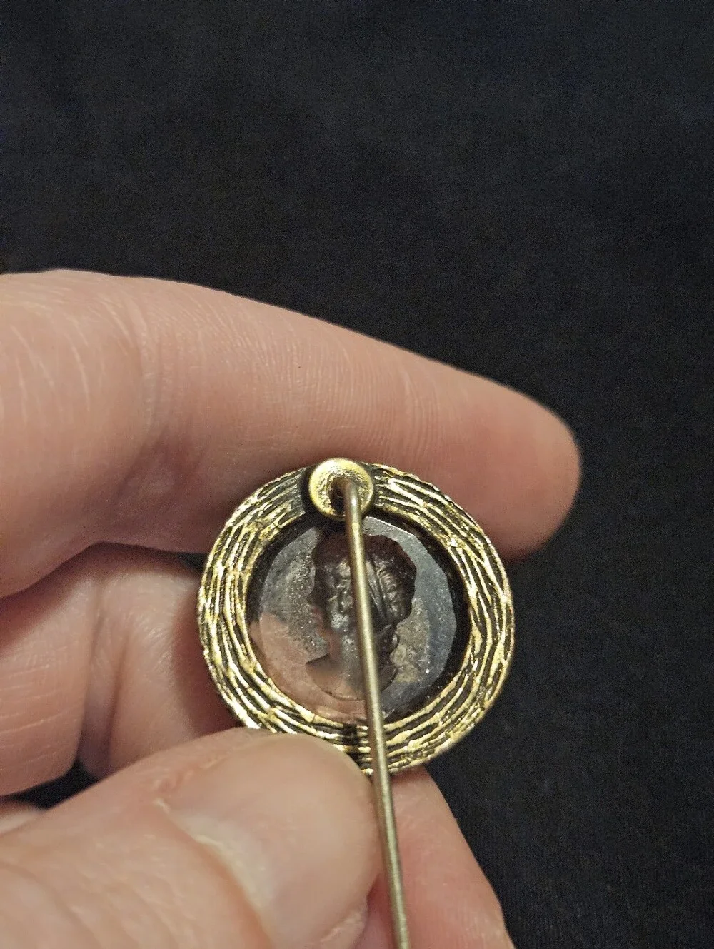 Antique Victorian Glass Intaglio Stickpin Neo Classical Cameo Head Gold Tone Pin